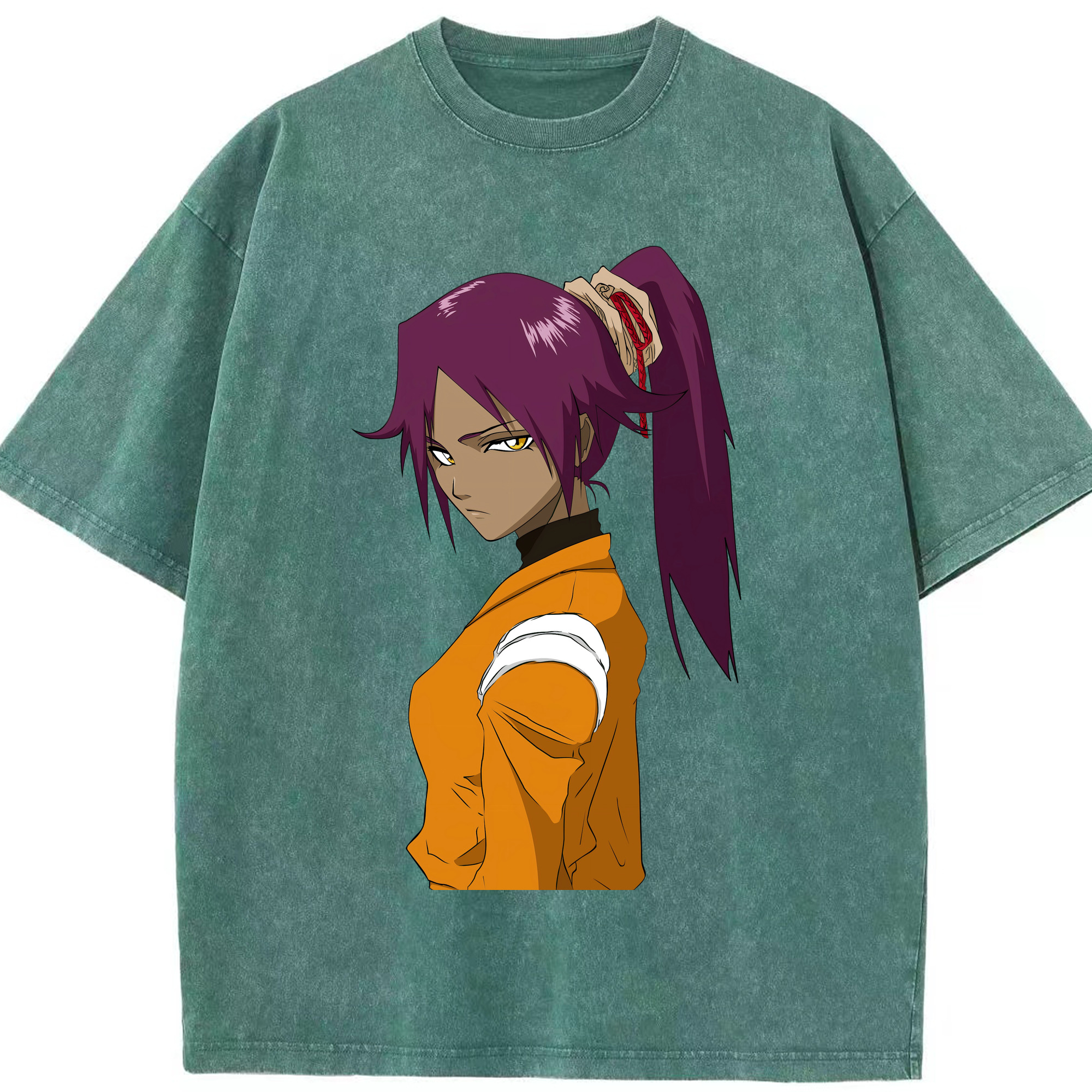 （画像用） ブリーチ 四楓院 夜一（しほういん よるいち） BLEACH Shihouin Yoruichi 綿100% ヴィンテージ風 半袖Tシャツ（フロントプリント）